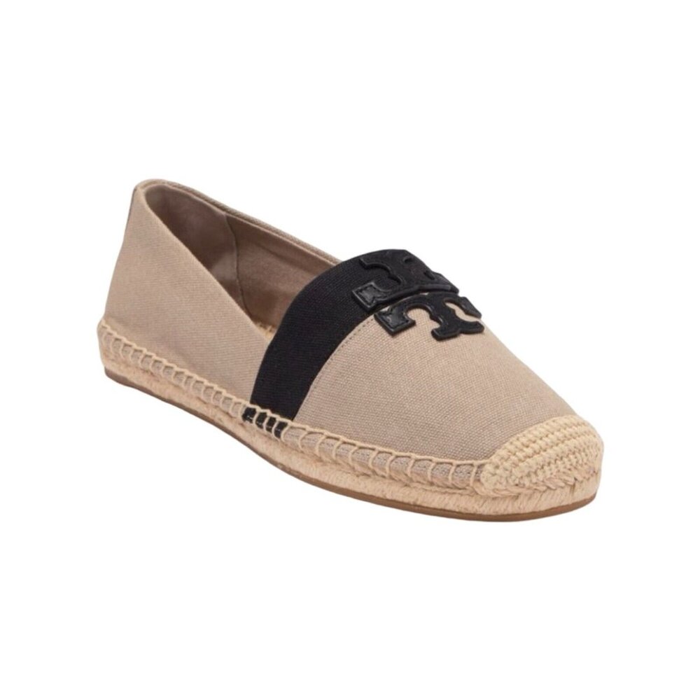 Tory Burch Weston Flat Espadrille Natural Canvas Black/Beige Logo Shoes Size 9